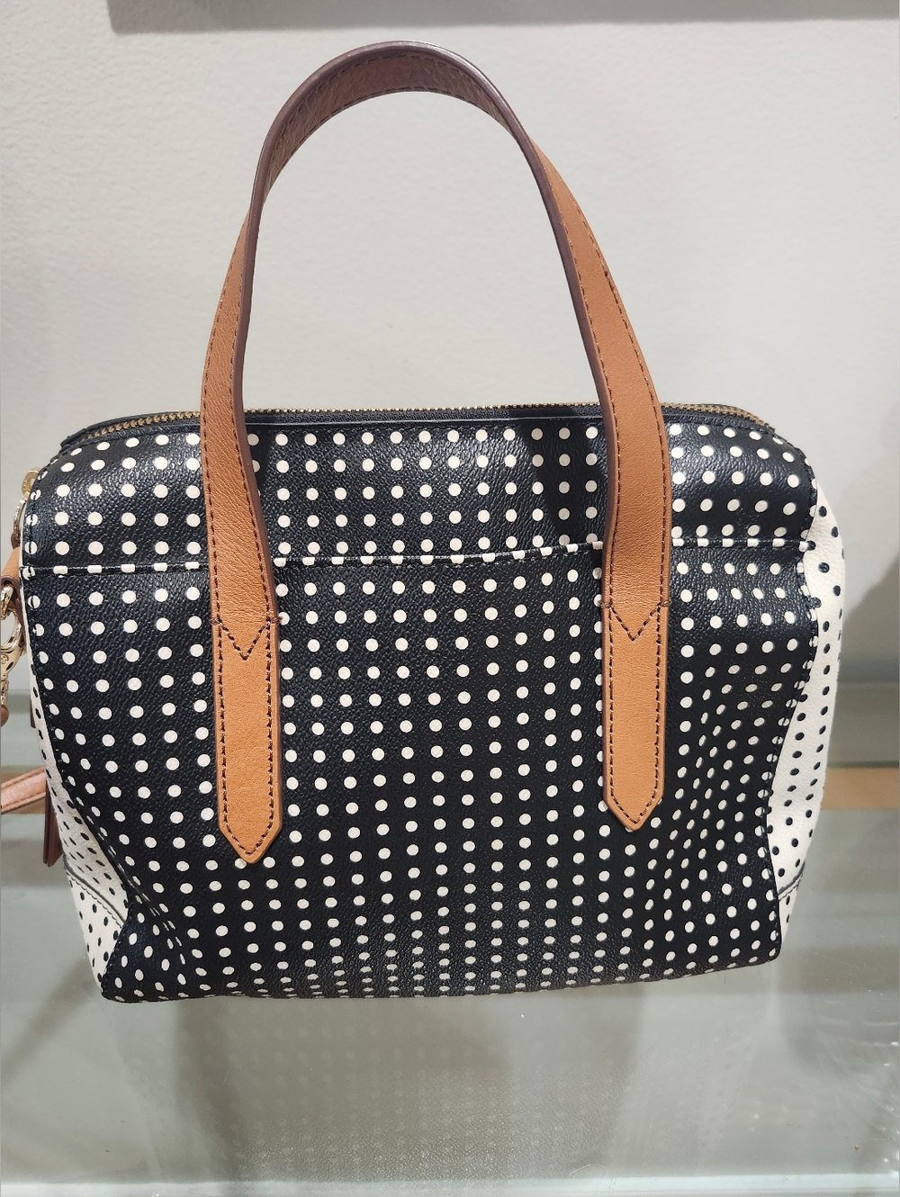 Fossil Sydney Black & White Polka Dot Satchel with Tan Leather Trim - Picture 2 of 5